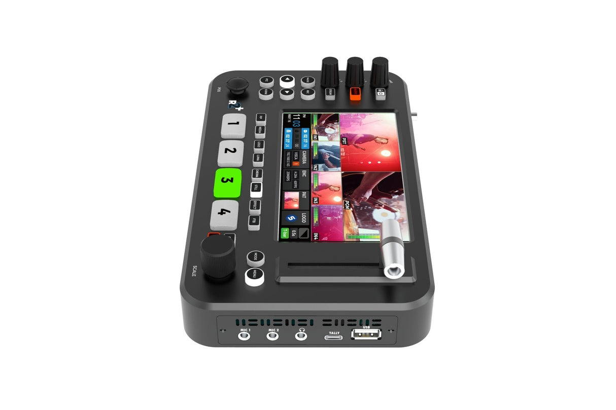 Sprolink NeoLIVE R2 Plus switcher interface detail showing input buttons and LCD screen on white background
