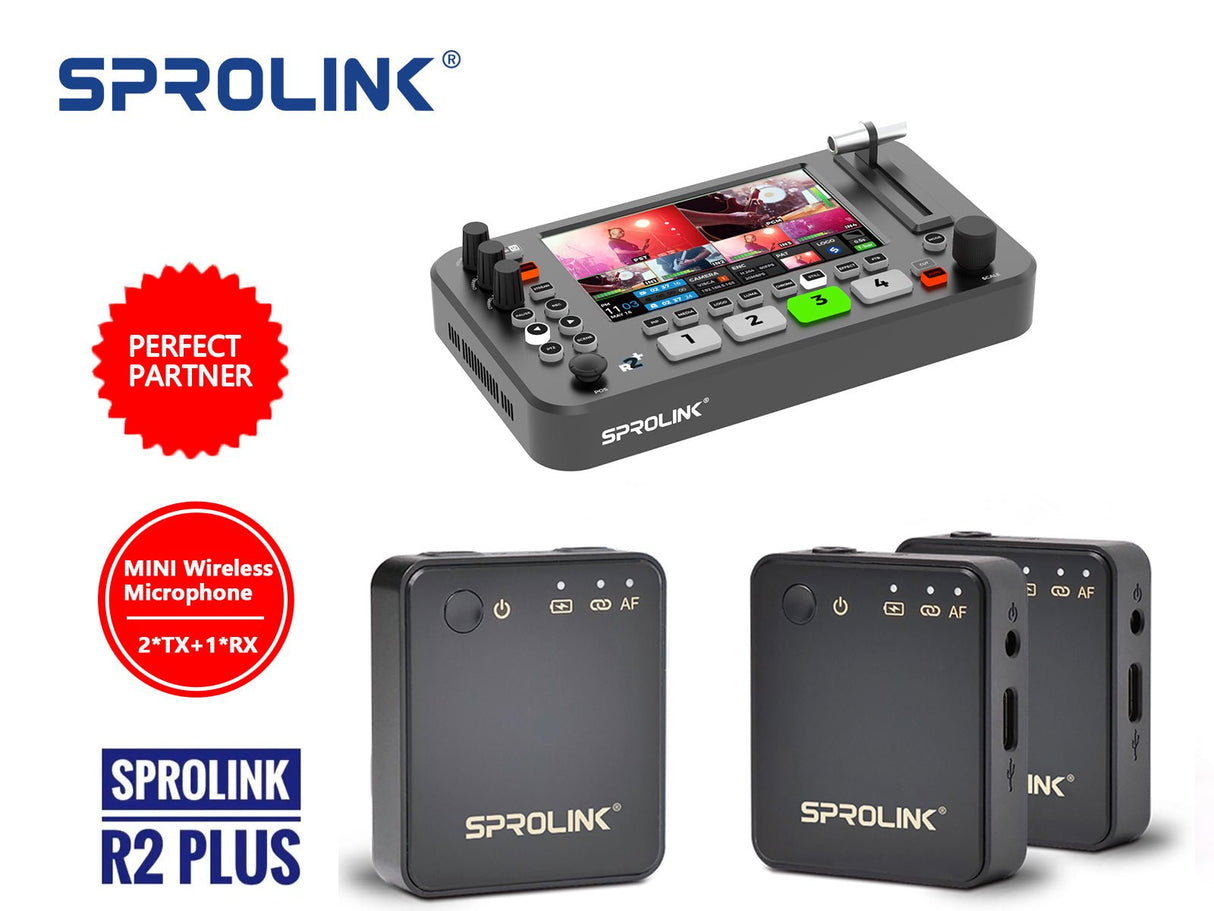 Sprolink NeoLIVE R2 Plus audio mixer section with microphone inputs