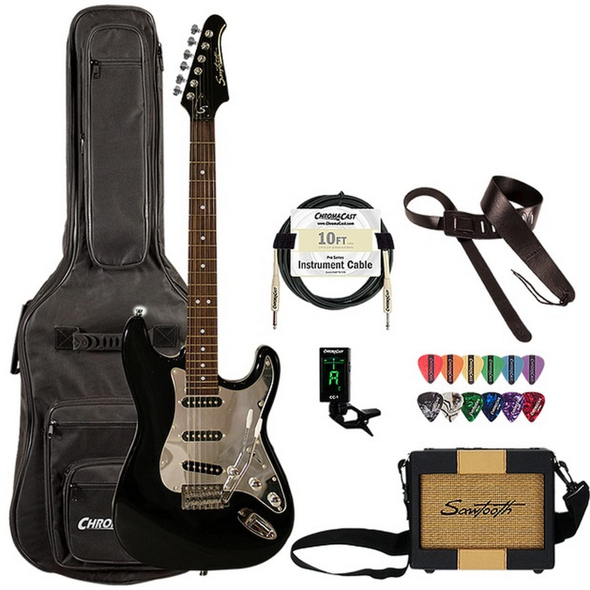 Sawtooth ES Series Electric Guitar Travel Bundle with Amp, Gig Bag, Cable, Tuner and Pick, Black/Chrome