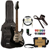 Sawtooth ES Series Electric Guitar Travel Bundle with Amp, Gig Bag, Cable, Tuner and Pick, Black/Chrome
