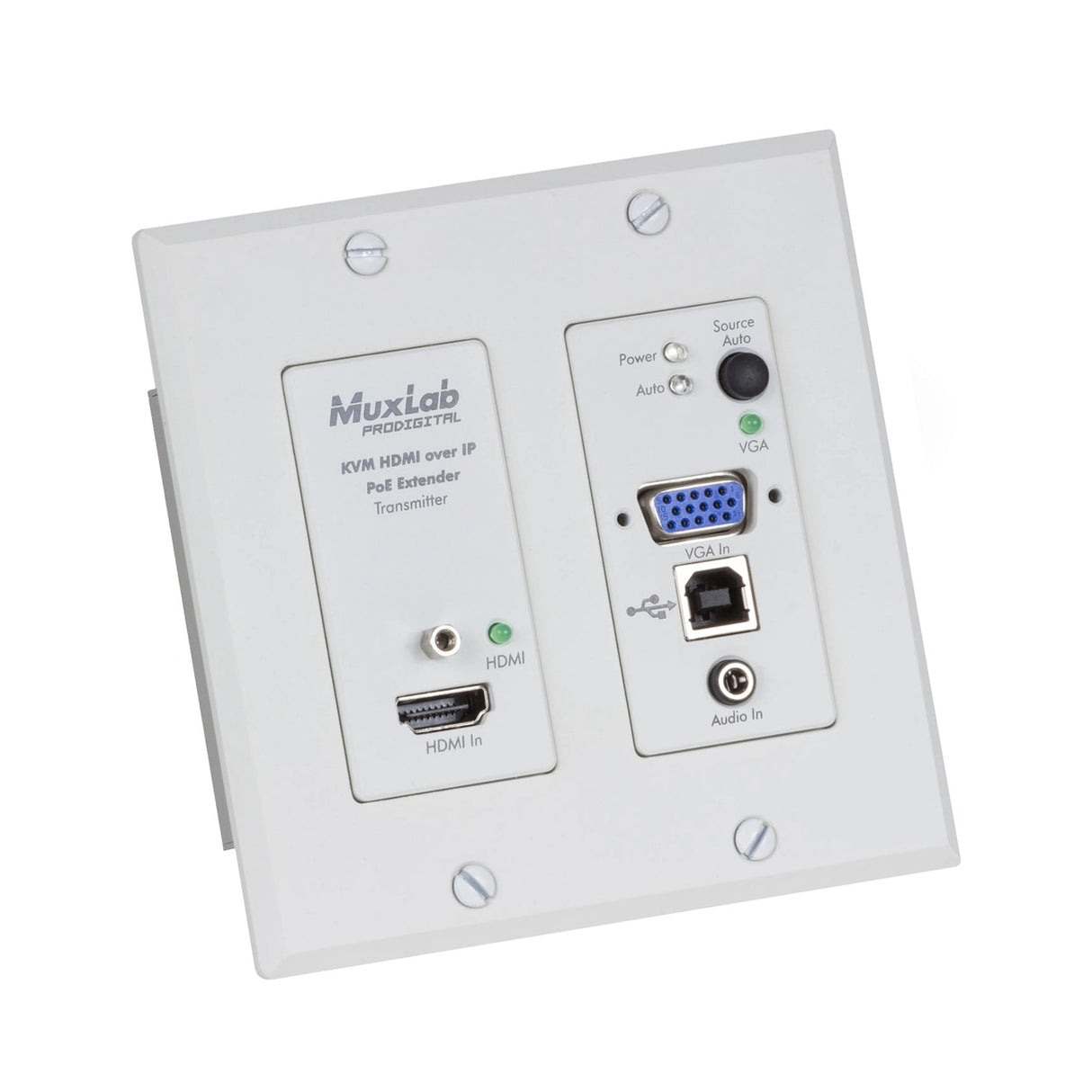 MuxLab 500777-TX-WH HDMI/VGA/USB Over IP PoE Wall Plate Transmitter, UHD-4K, White