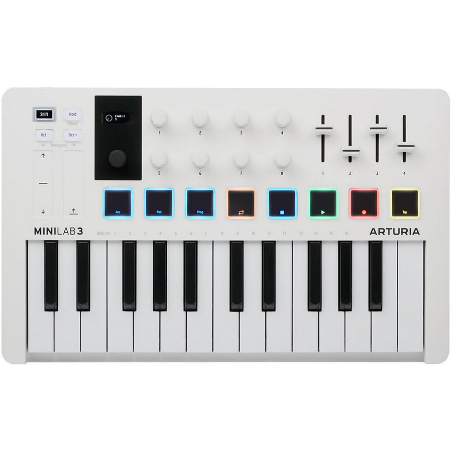 Arturia MiniLab 3 25-note compact MIDI keyboard and pad controller with velocity-sensitive keys, RGB pads, encoders, sliders, USB-C, MIDI out, and software - White