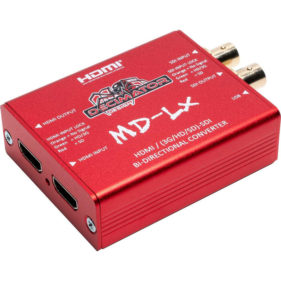 A red Decimator Design MD-LX HDMI/SDI Bi-Directional Converter with multiple ports and buttons on the front panel.