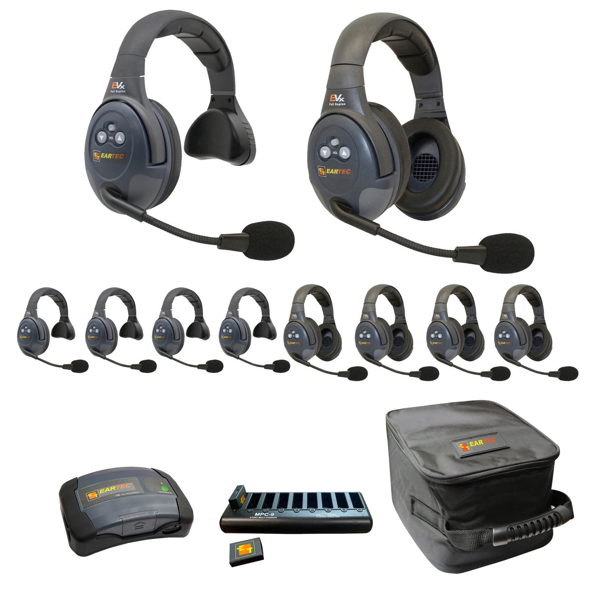 Eartec EVADE EVX1055-CM Full Duplex Dual Channel Wireless Intercom System with 5 Single 5 Dual Speaker Headsets