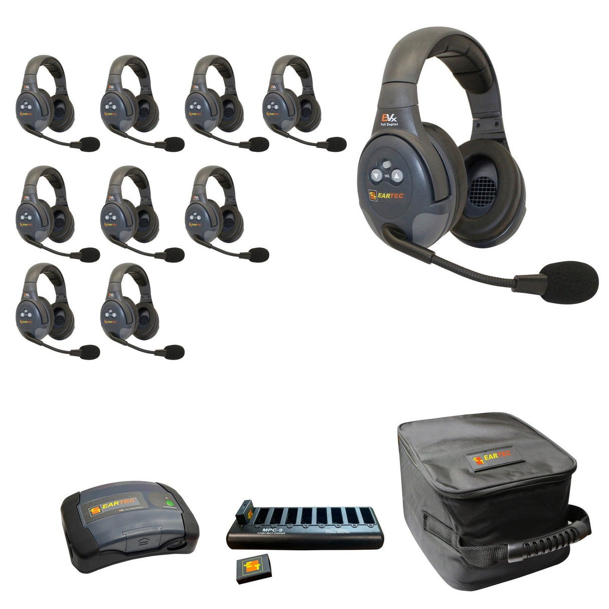 Eartec EVADE EVX10D-CM Full Duplex Dual Channel Wireless Intercom System with 10 Dual Speaker Headsets