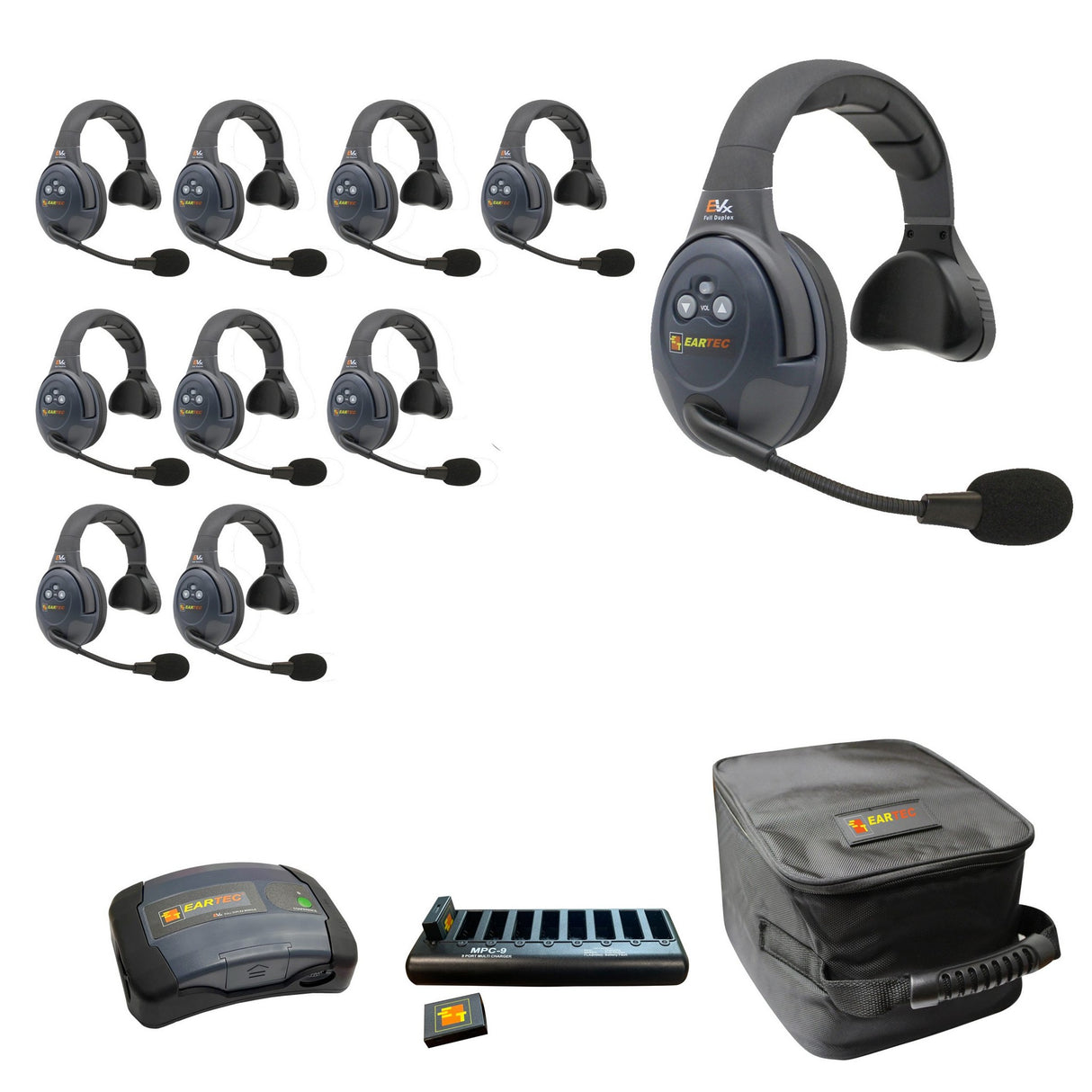 Eartec EVADE EVX10S-CM Full Duplex Dual Channel Wireless Intercom System with 10 Single Speaker Headsets