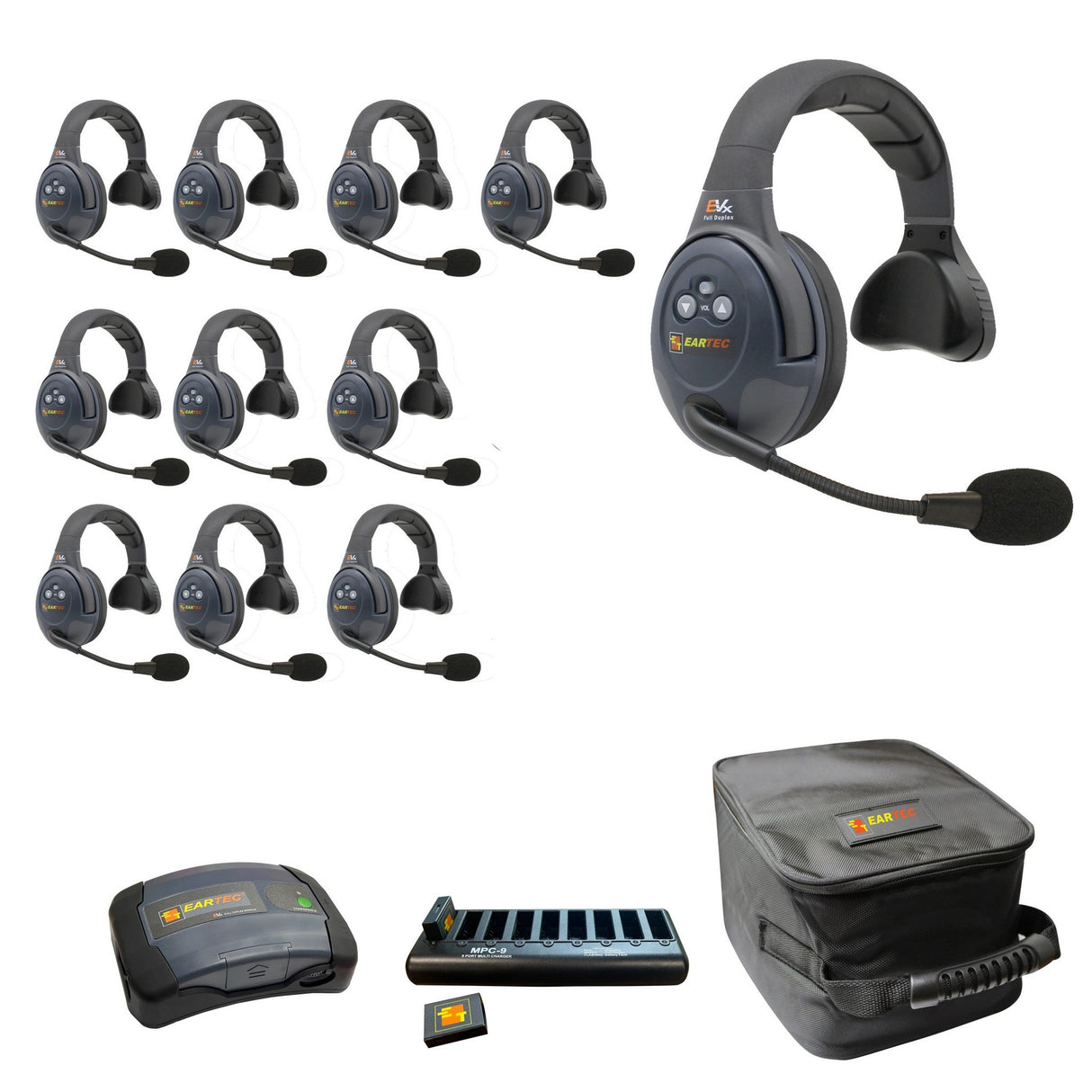 Eartec EVADE EVX11S-CM Full Duplex Dual Channel Wireless Intercom System with 11 Single Speaker Headsets