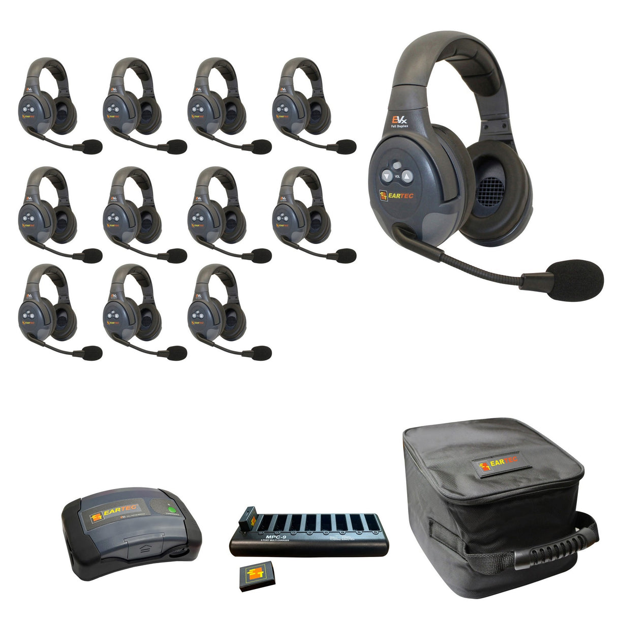 Eartec EVADE EVX12D-CM Full Duplex Dual Channel Wireless Intercom System with 12 Dual Speaker Headsets