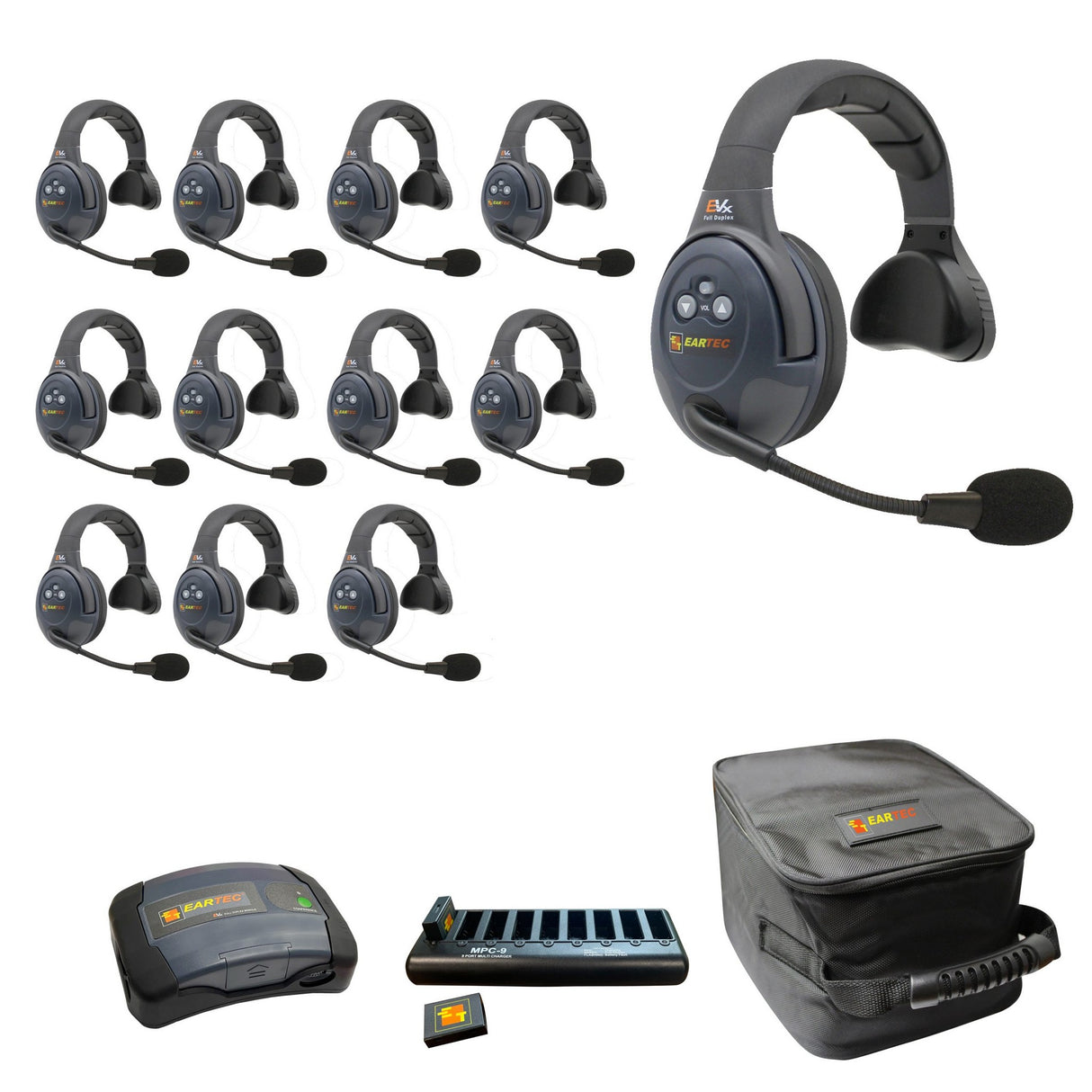 Eartec EVADE EVX12S-CM Full Duplex Dual Channel Wireless Intercom System with 12 Single Speaker Headsets