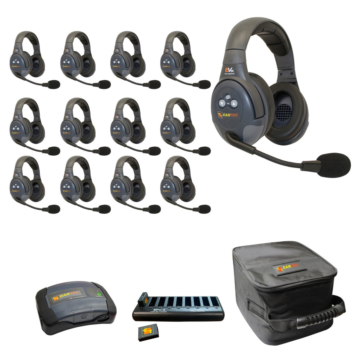 Eartec EVADE EVX13D-CM Full Duplex Dual Channel Wireless Intercom System with 13 Dual Speaker Headsets