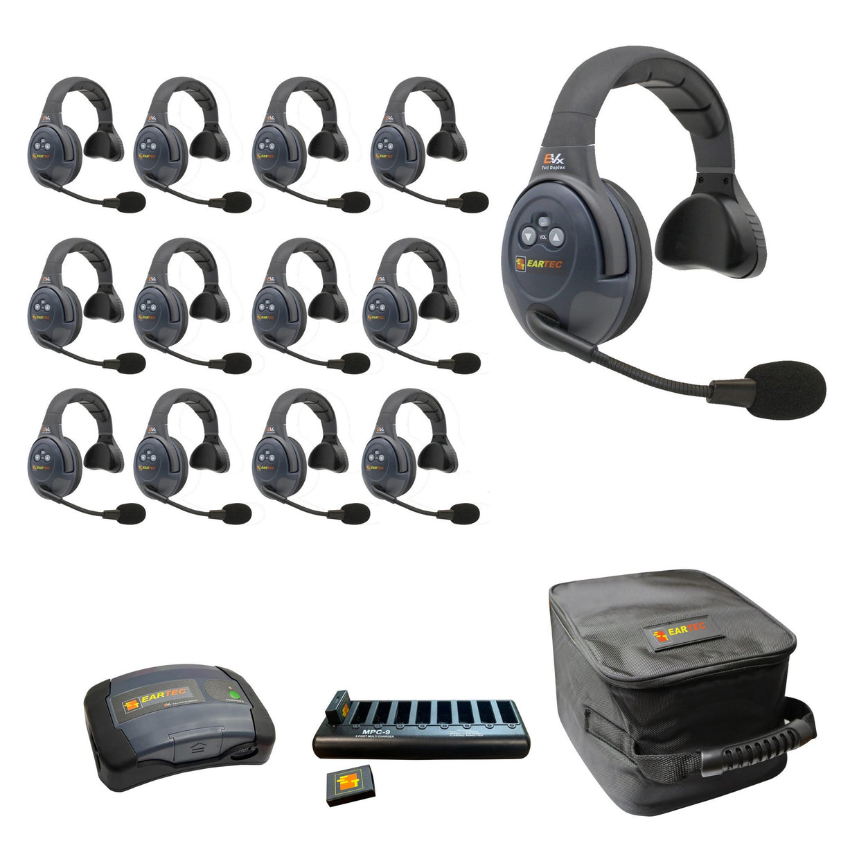 Eartec EVADE EVX13S-CM Full Duplex Dual Channel Wireless Intercom System with 13 Single Speaker Headsets