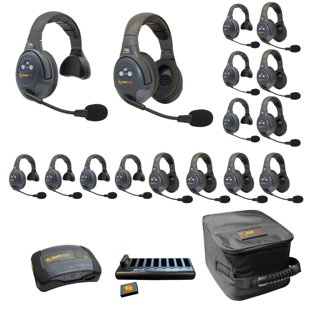 Eartec EVADE EVX1688-CM Full Duplex Wireless Intercom System with 8 Single 8 Dual Speaker Headsets