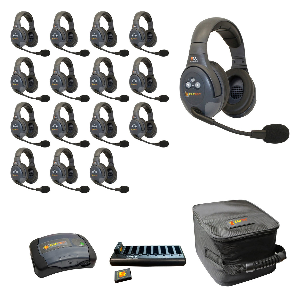 Eartec EVADE EVX16D-CM Full Duplex Dual Channel Wireless Intercom System with 16 Dual Speaker Headsets