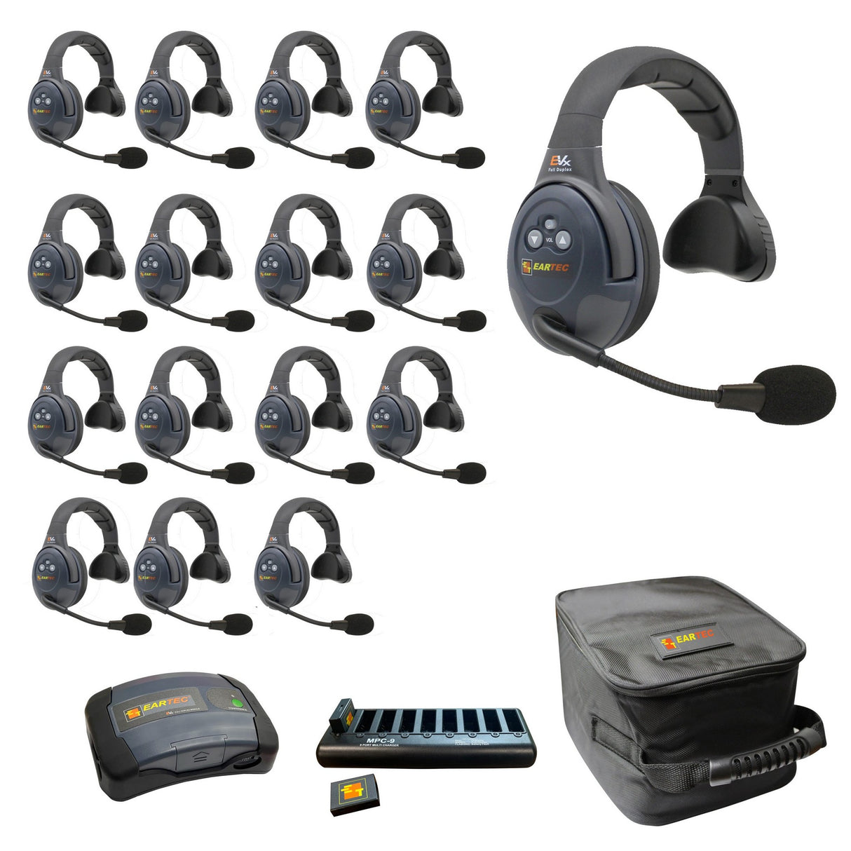 Eartec EVADE EVX16S-CM Full Duplex Dual Channel Wireless Intercom System with 16 Single Speaker Headsets
