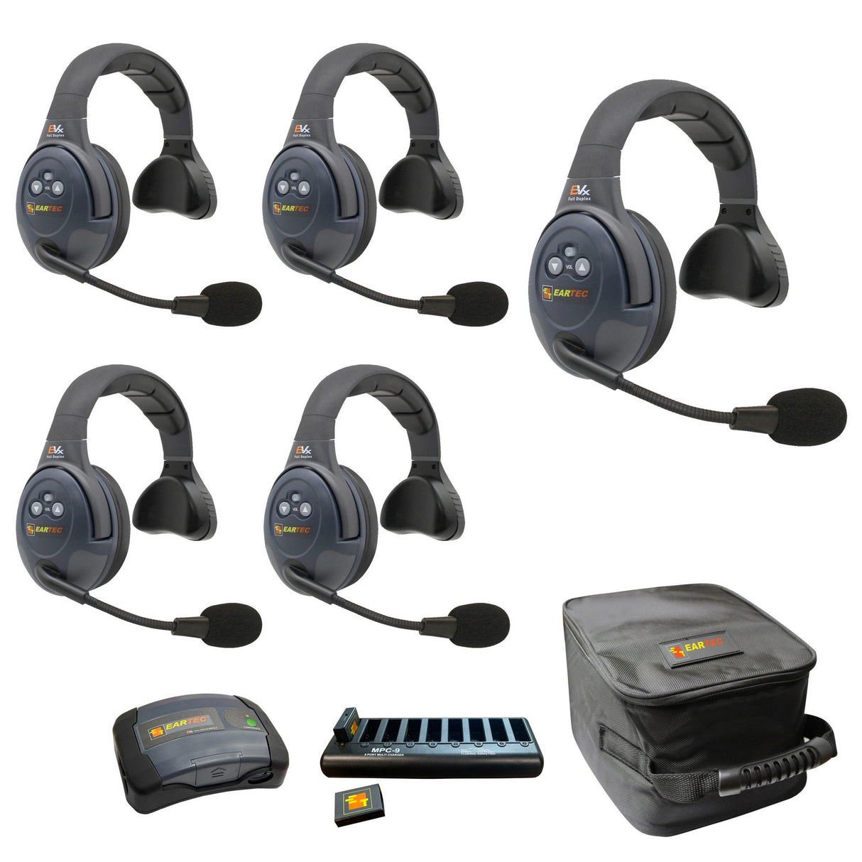 Eartec EVADE EVX5S-CM Full Duplex Dual Channel Wireless Intercom System with 5 Single Speaker Headsets