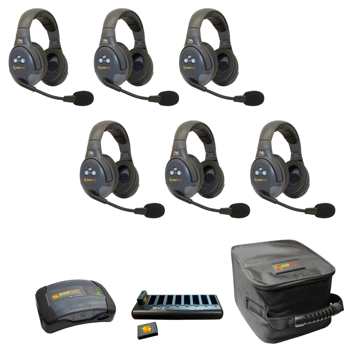 Eartec EVADE EVX6D-CM Full Duplex Dual Channel Wireless Intercom System with 6 Dual Speaker Headsets