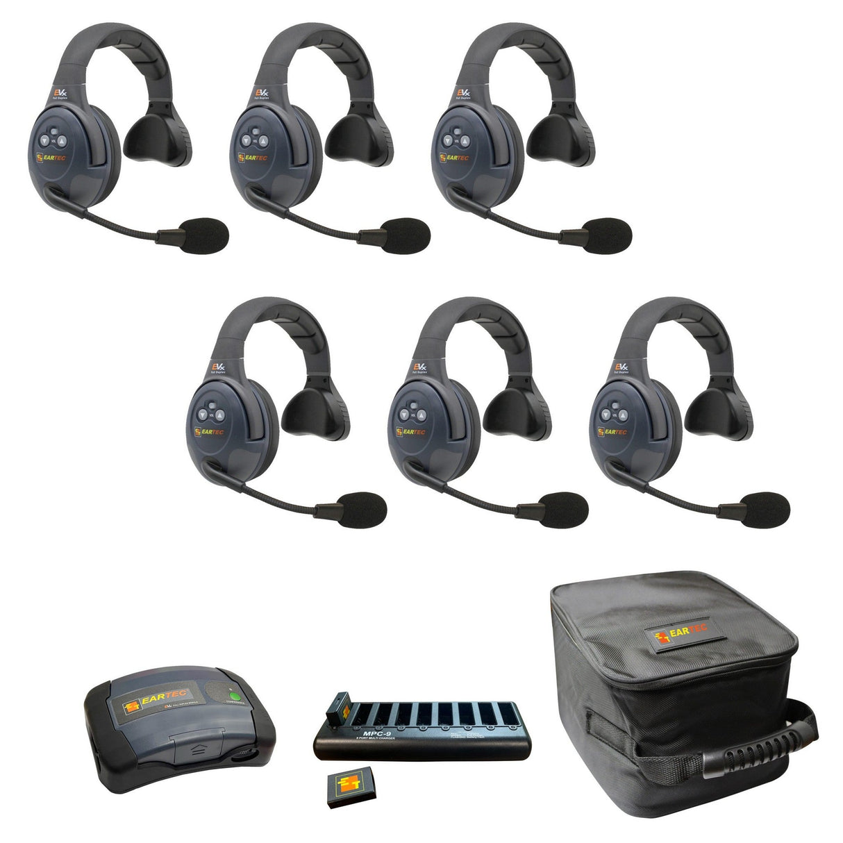 Eartec EVADE EVX6S-CM Full Duplex Dual Channel Wireless Intercom System with 6 Single Speaker Headsets