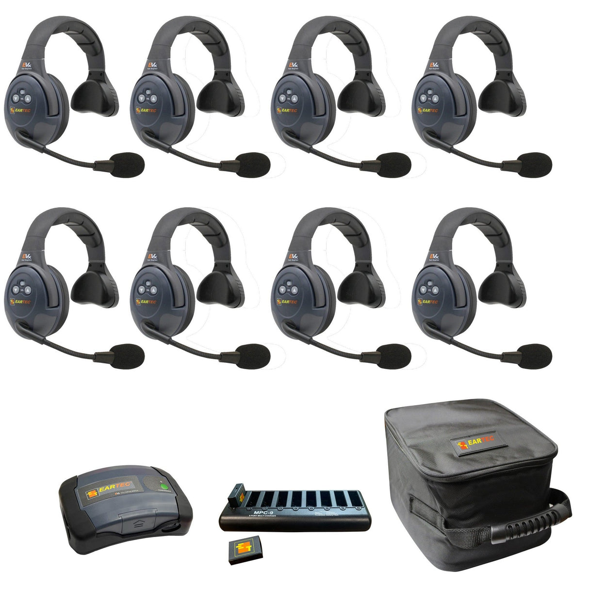 Eartec EVADE EVX8S-CM Full Duplex Dual Channel Wireless Intercom System with 8 Single Speaker Headsets