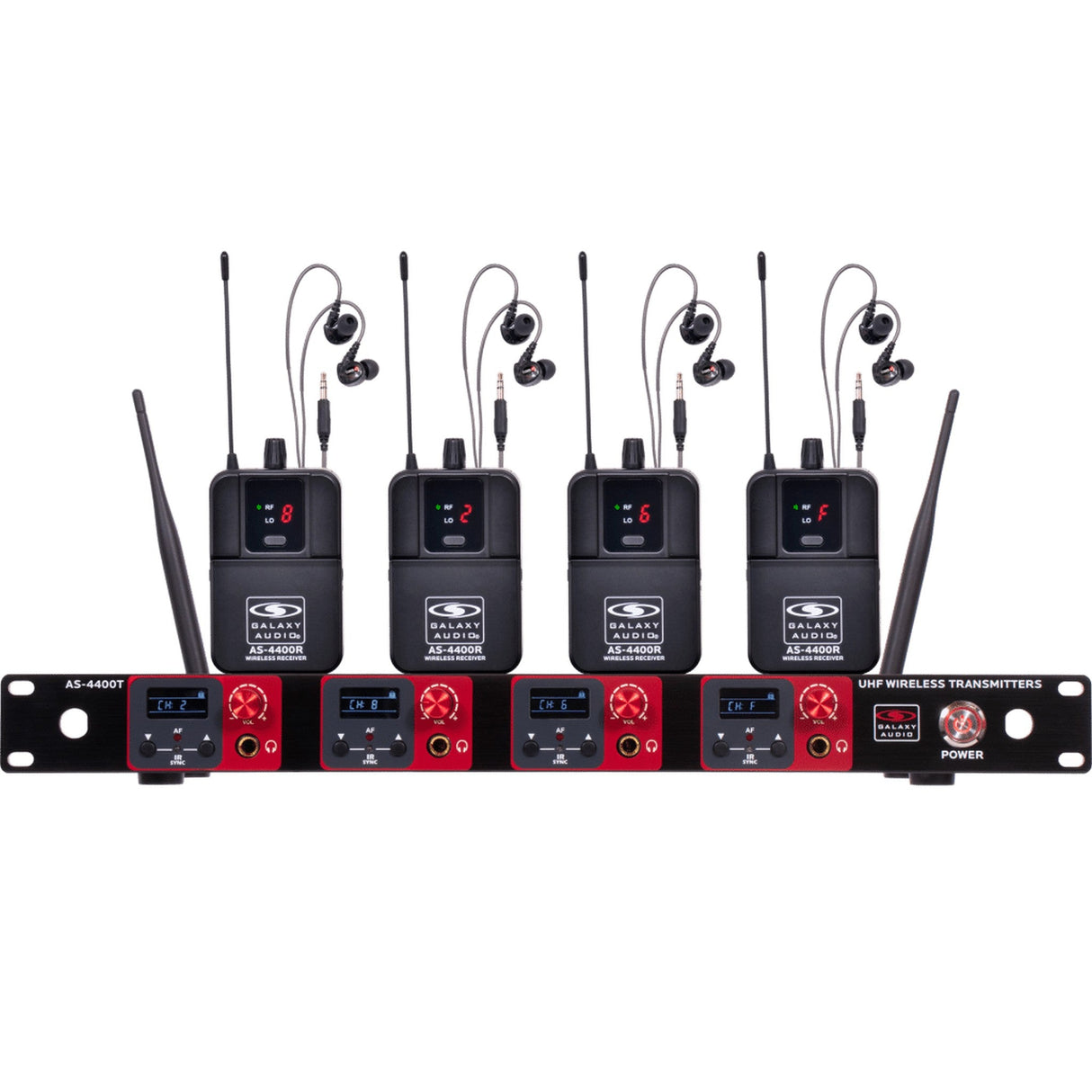 Galaxy Audio AS-4400 with 4 Wireless In-Ear Monitors and 4 UHF 16-Channel Transmitters in 1U Rack Space