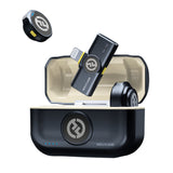 Hollyland Lark M2 Lightning wireless microphone system open charging case (shine charcoal black): black Lightning receiver USB dongle with yellow accent inserted, wireless lavalier transmitter above, Hollyland logo on lid, compact dual-channel 2.4GHz system for iOS devices