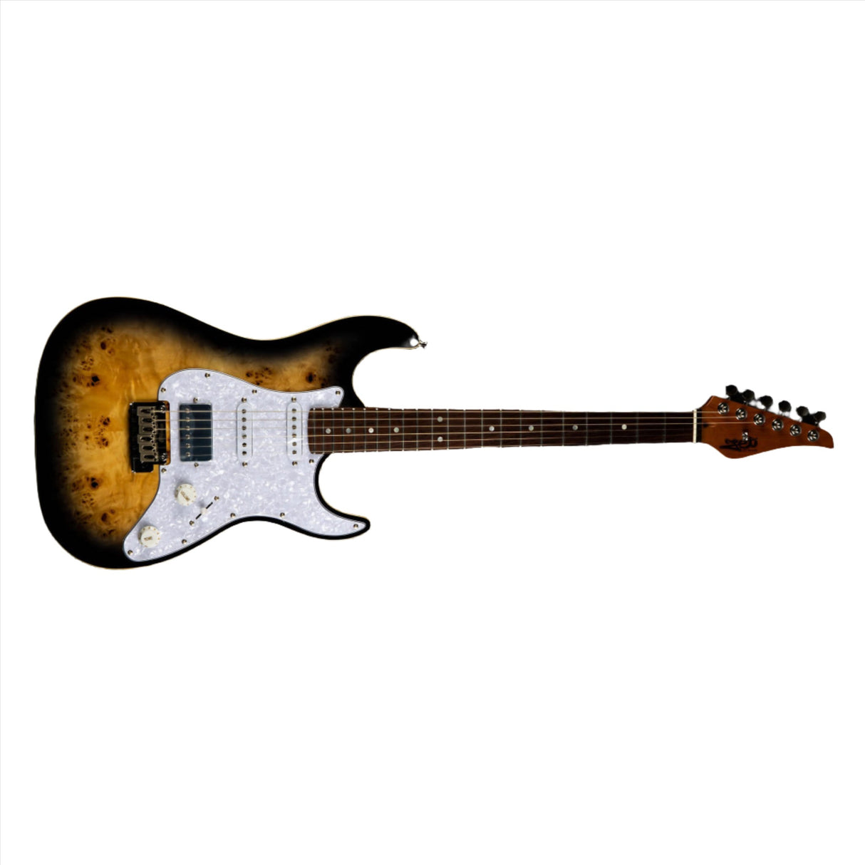 JET Guitars JS-450 QTBR HSS Transparent Brown Basswood Body with Spalted Top and Rosewood Fretboard Electric Guitar