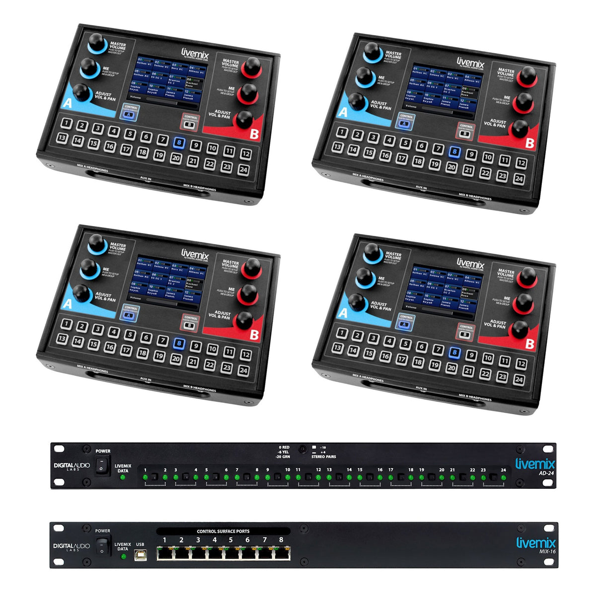 LiveMix LM-ANALOG-SK1 Analog Bundle with 4 CS-DUO Mixers, 1 MIX-16 and 1 AD-24