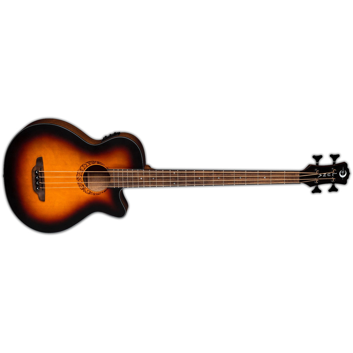 Luna Guitars Tribal 34-Inch Long Scale Tobacco Sunburst Acoustic-Electric Bass Guitar, 4-String