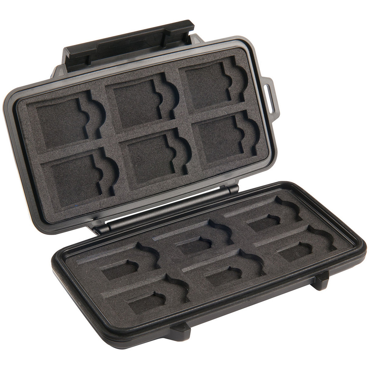 Pelican 0915 Micro Memory Card Case Open case interior -  Black foam-lined protective case with compartments on a white background