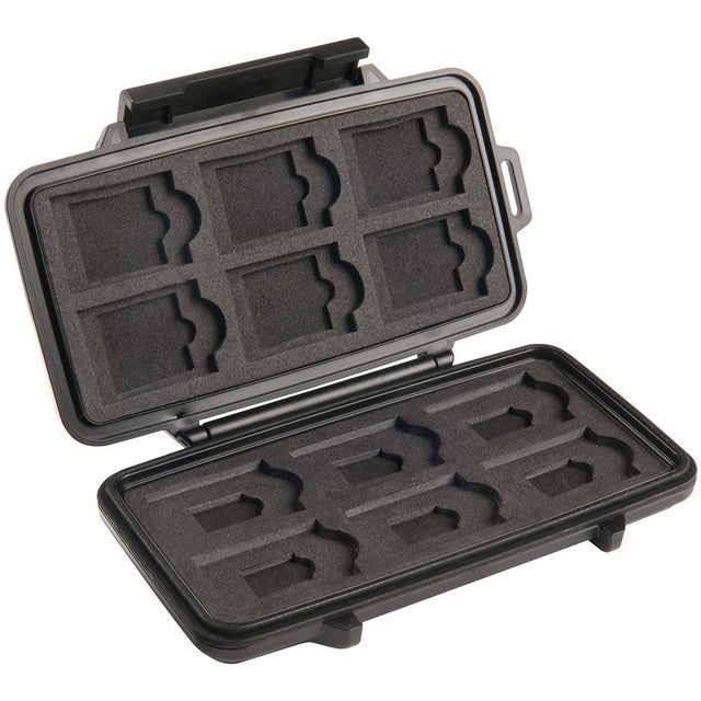 Pelican 0915 Micro Memory Card Case Open case interior -  Black foam-lined protective case with compartments on a white background