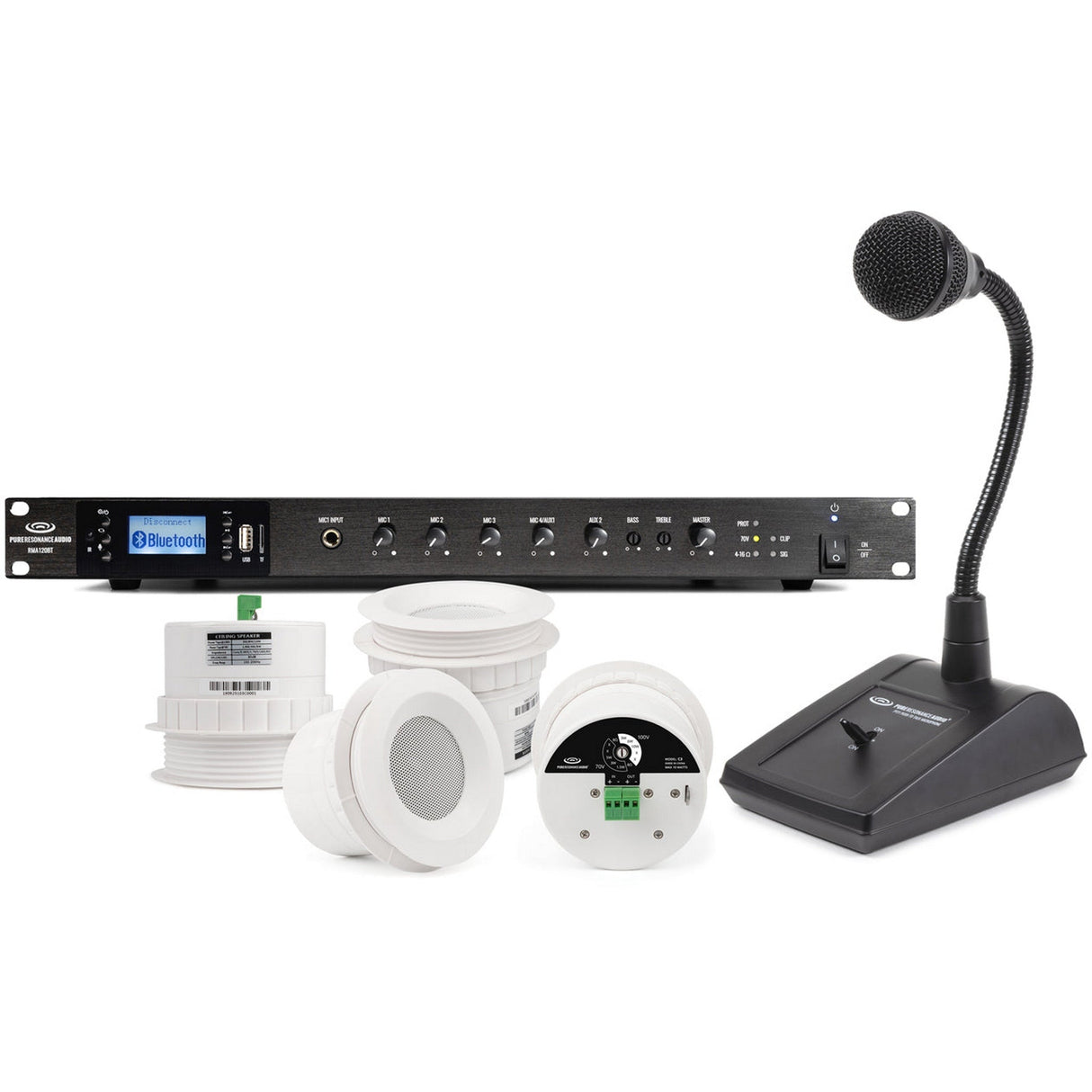 Pure Resonance Audio Paging Sound System with (12) C3 Ceiling Speakers, RMA120BT Rack Mount Bluetooth Mixer Amplifier, and PTT1 Push-to-Talk Microphone