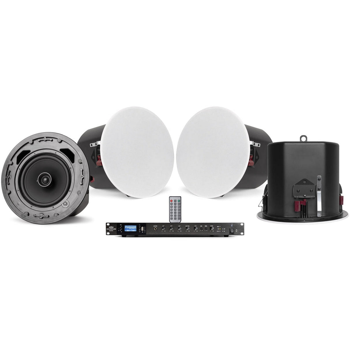 Pure Resonance Audio Medical Office Audio System with (4) C8 8-Inch 70V Ceiling Mount Speakers, and RMA350BT 350W Rack Mount Bluetooth Mixer Amplifier<