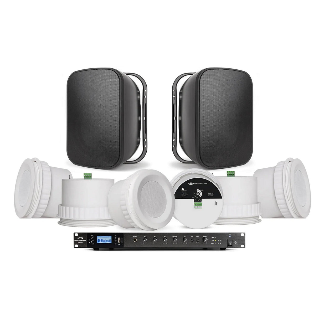 Pure Resonance Audio Conference Room Audio System with 6 C5 Ceiling Speakers, 2 S6.1 Surface Mount Speakers, and RMA240BT 240W Bluetooth Mixer Amplifier