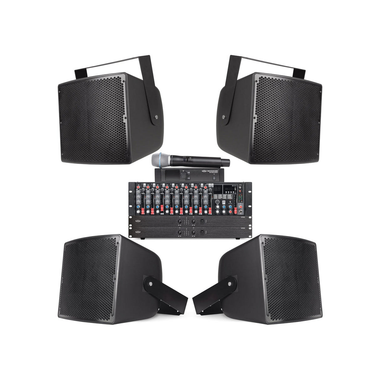 Pure Resonance Audio High School Gym Sound System with (6) S12 12-Inch All-Weather Speakers, MX9 Mixer, (2) LA21000 Power Amplifiers, and WMS1-HH Wireless Handheld Microphone