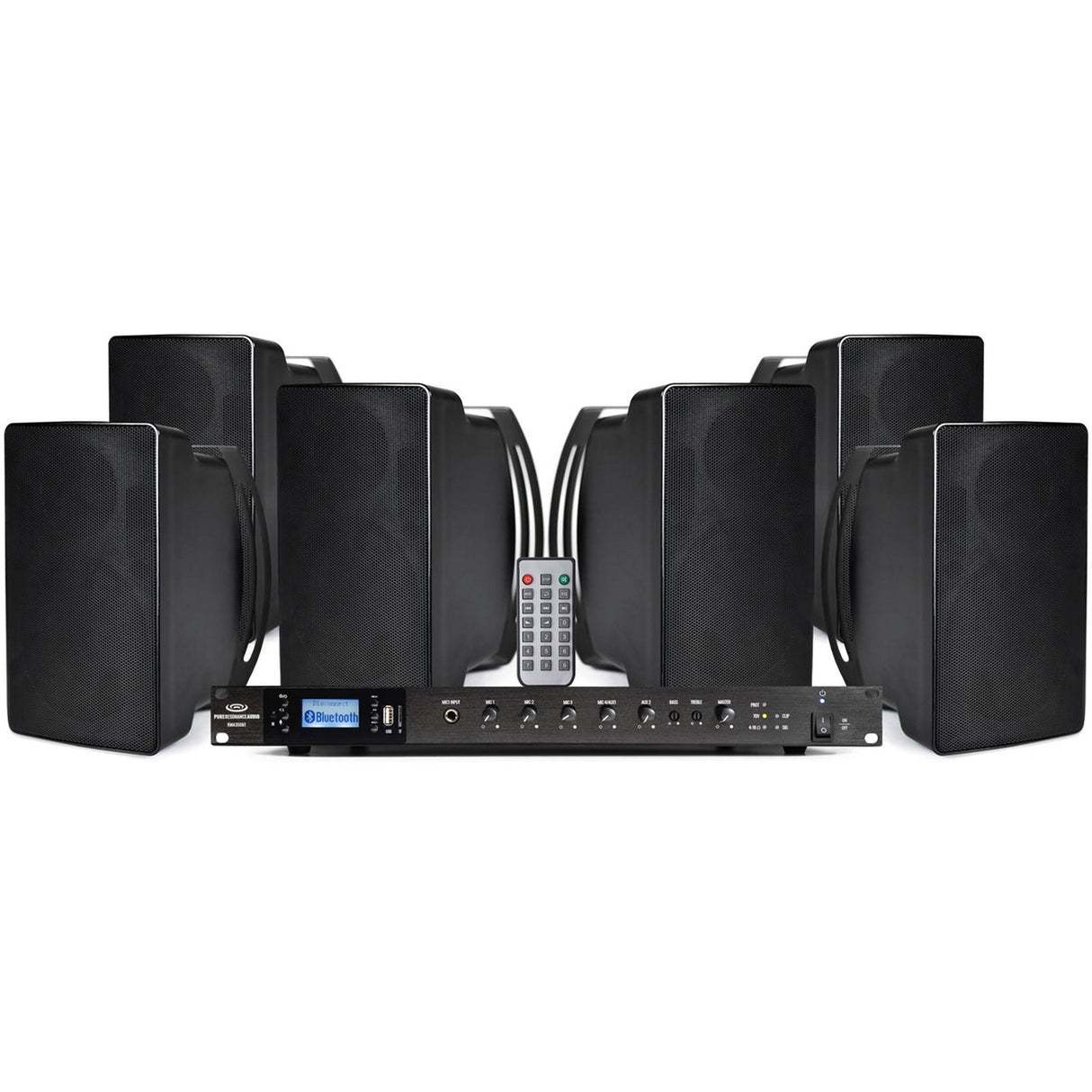 Pure Resonance Audio 70V Commercial Outdoor Sound System with 6 S5 Weather-Resistant Surface Mount Speakers and RMA350BT 350W Bluetooth Mixer Amplifier