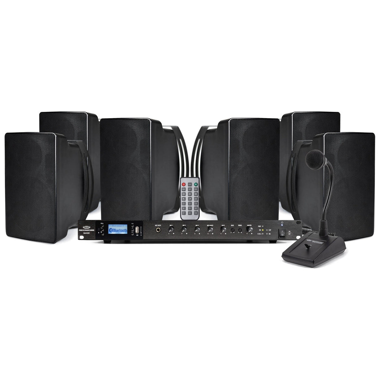 Pure Resonance Audio Paging Sound System with (6) S5 Indoor/Outdoor Surface Mount Speakers, RMA350BT Rack Mount Bluetooth Mixer Amplifier, and PTT1 Push-to-Talk Microphone