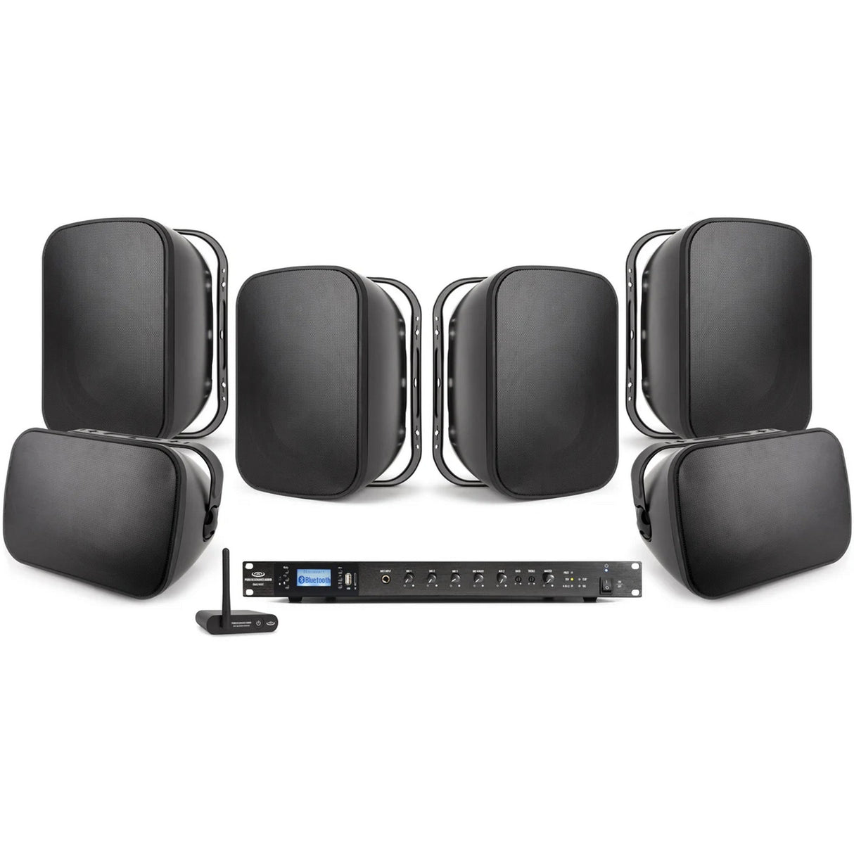 Pure Resonance Audio 70V Commercial Outdoor Sound System with 6 S6.1 Weather-Resistant Speakers, RMA240BT Bluetooth Mixer Amplifier, and BTR1 Bluetooth Long-Range Receiver