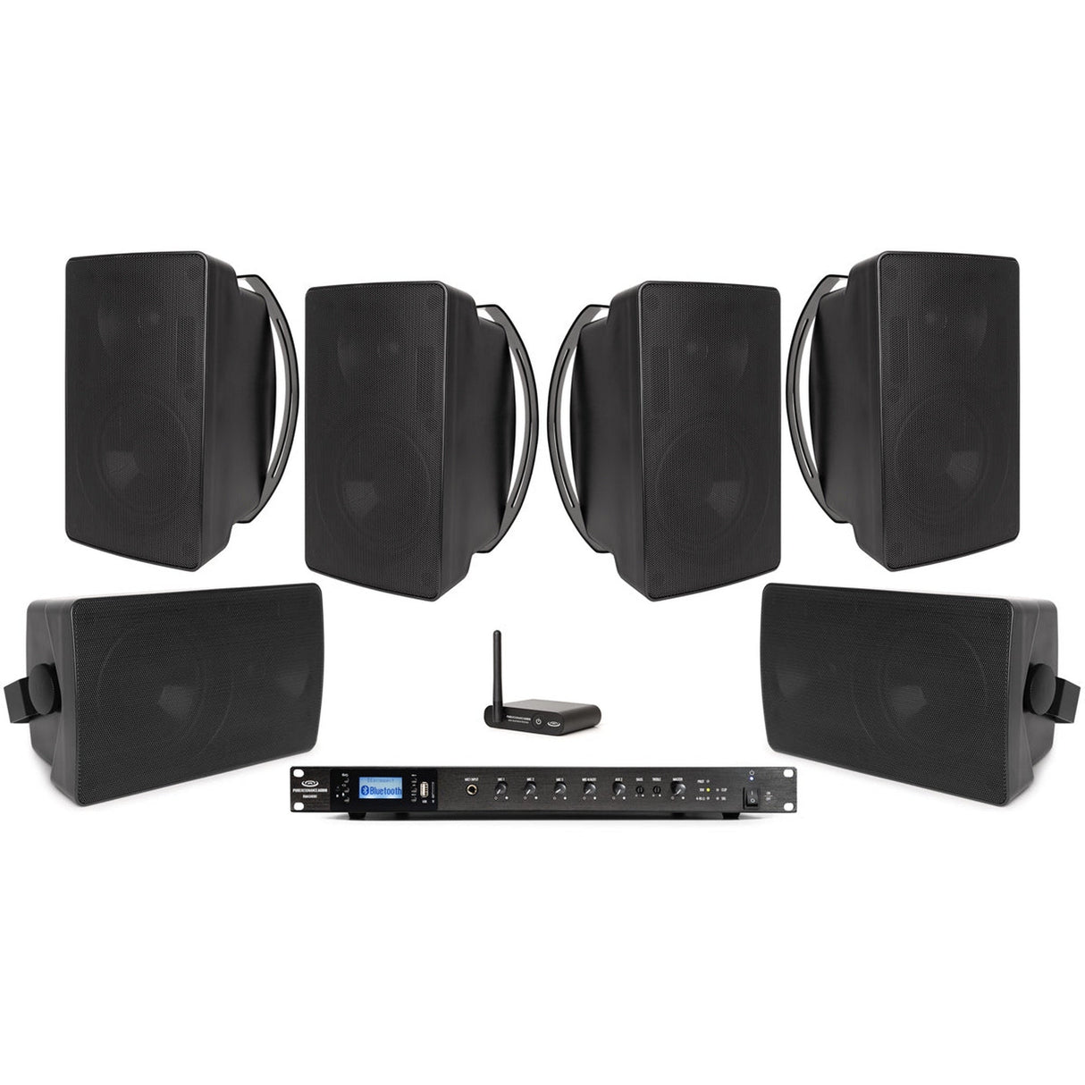 Pure Resonance Audio 70V Indoor/Outdoor Sound System with 6 S6 Weather-Resistant Speakers, RMA500BT 500W Bluetooth Mixer Amplifier, and BTR1 Bluetooth Long-Range Receiver