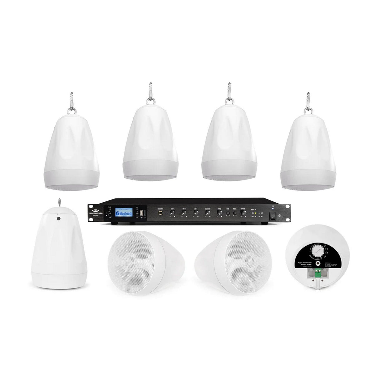 Pure Resonance Audio Business Pendant Speaker Sound System with 8 PD4W Weather-Resistant Pendant Speakers and RMA240BT 240W Bluetooth Mixer Amplifier