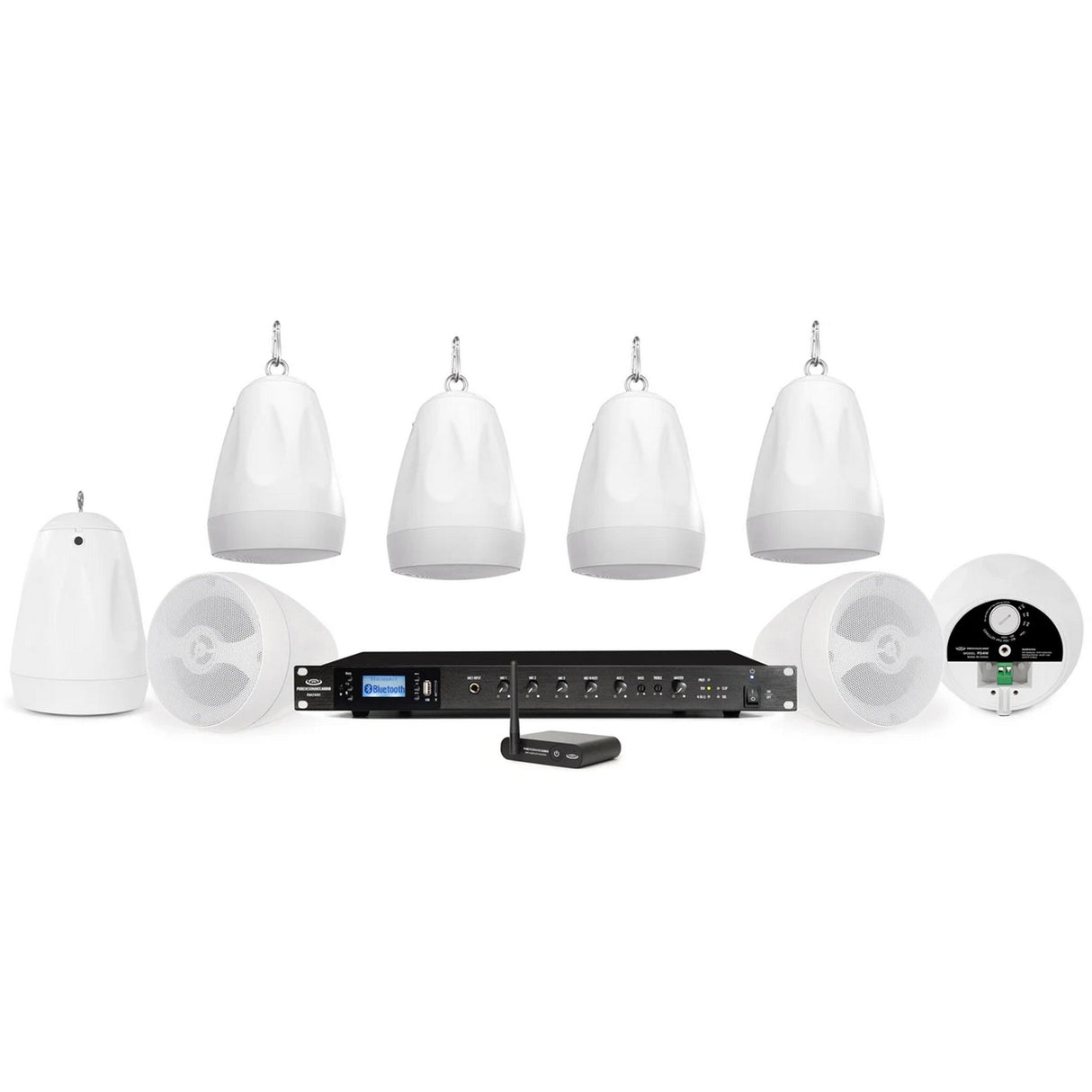 Pure Resonance Audio Background Music Sound System with (8)PD4W Pendant Speakers, RMA240BT Bluetooth Mixer Amplifier, and BTR1 Bluetooth Receiver