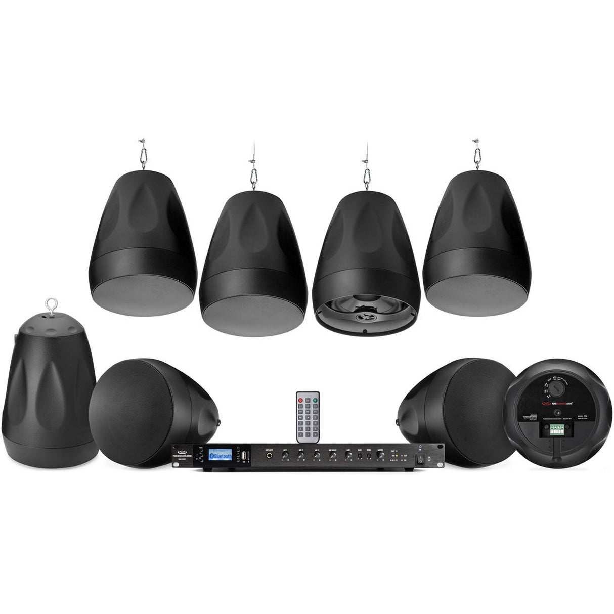 Pure Resonance Audio Restaurant Sound System with (8) PD6 Pendant Speakers and RMA350BT Amplifier