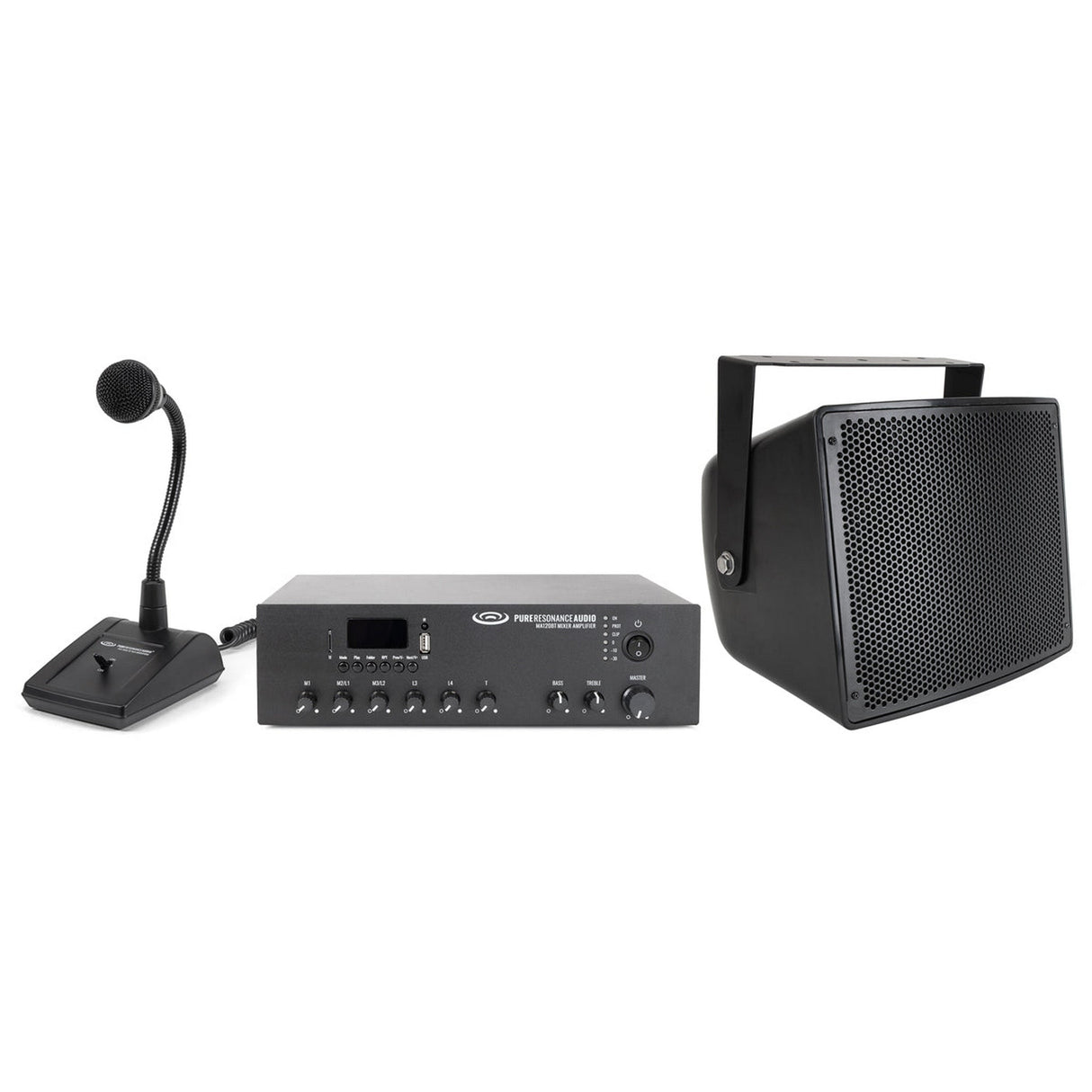 Pure Resonance Audio Paging Sound System with S10 All-Weather Stadium Loudspeaker, MA120BT Bluetooth Mixer Amplifier, and PTT1 Push-to-Talk Microphone