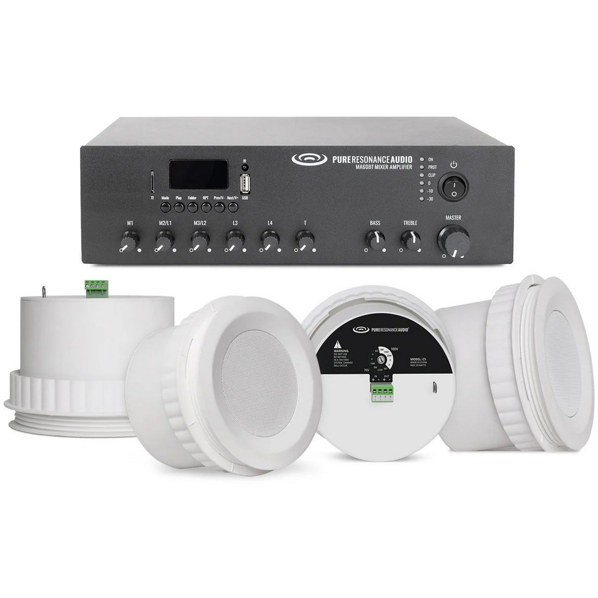 Pure Resonance Audio Background Music Sound System with (4)C5 Micro Pendant Speakers and MA60BT Bluetooth Mixer Amplifier