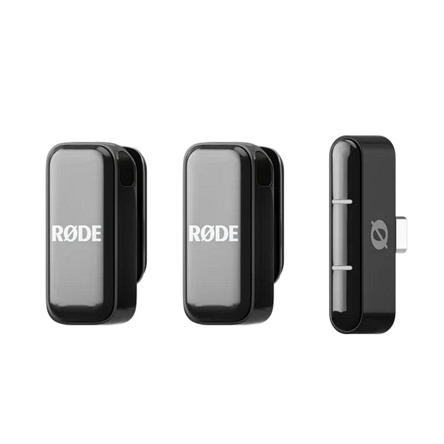 RODE Ultra-compact Wireless Microphone System - Black / USB-C - showing two clip-on transmitters with built-in microphones and a slim Lightning-connector receiver module, all with glossy rounded edges and minimal branding