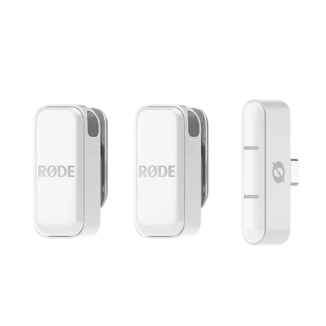 RODE Ultra-compact Wireless Microphone System - White / Lightning - showing two clip-on transmitters with built-in microphones and a slim Lightning-connector receiver module, all with glossy rounded edges and minimal branding