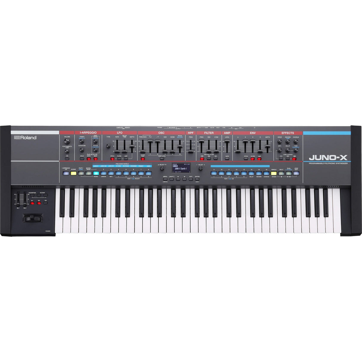 Roland JUNO-X 61-key synthesizer keyboard front view
