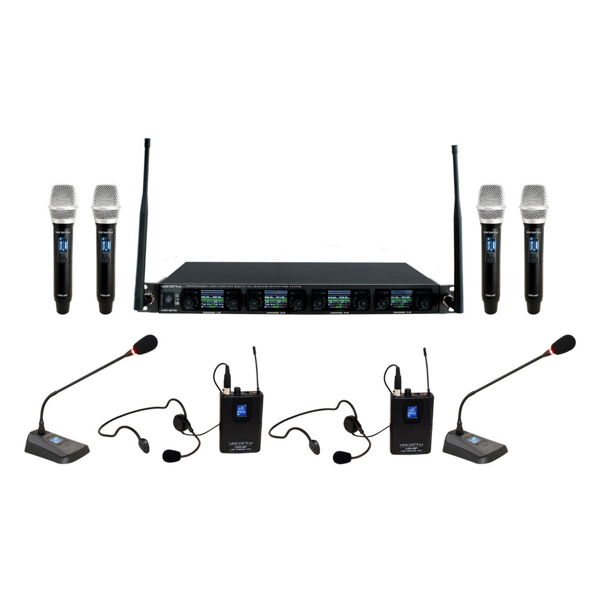 Vocopro UDX-WORSHIP 8-User Digital PLL Combo Wireless Mic System with Handheld, Headset, and Podium Mics