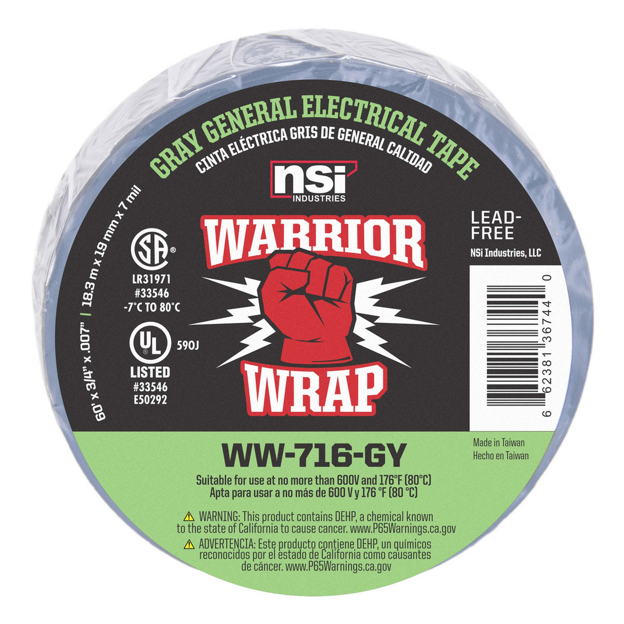 WarriorWrap WW-716-GY 716 General 7 mil Electrical Tape, Gray, .75-Inch W x 60-Feet