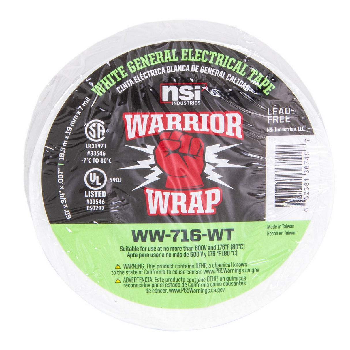 WarriorWrap WW-716-WT 716 General 7 mil Electrical Tape, White, .75-Inch W x 60-Feet