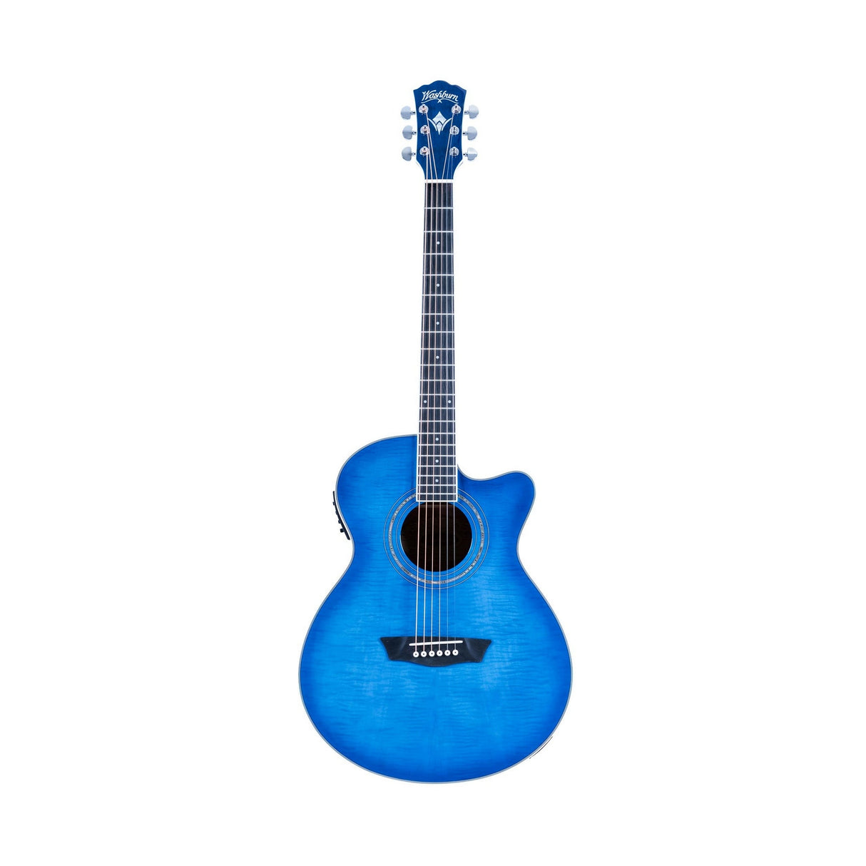 Washburn EA15 Festival Series Mini Jumbo Cutaway Acoustic Electric Guitar, Flame Transparent Blue Finish