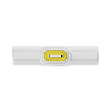 Hollyland Lark M2 shine white Lightning receiver top view: white rectangular dongle with yellow Lightning plug recessed in yellow frame, slim USB-C to Lightning adapter profile for Hollyland wireless lavalier mic system